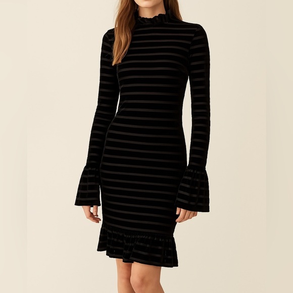 Ronny Kobo Black Velvet And Mesh‎ Bell Sleeved Mini Bodycon Dress - Picture 1 of 8
